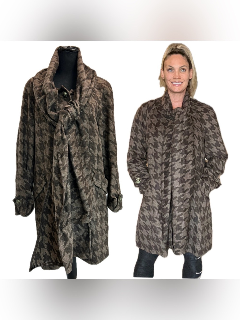 Mario Serrani brown black houndstooth winter coat attached scarf Sz 8